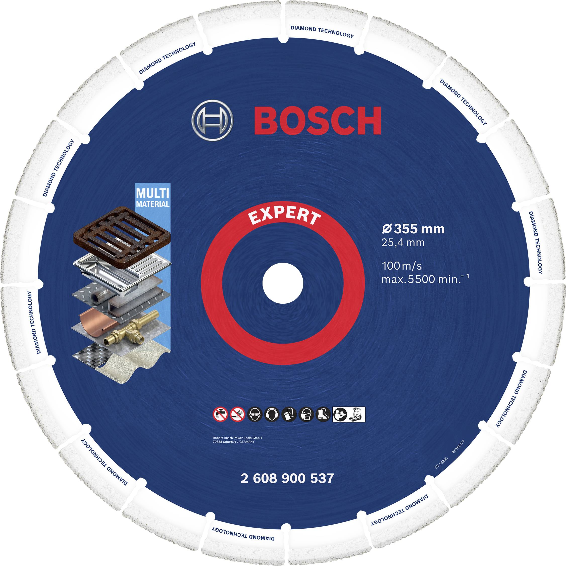 Disque à tronçonner 'Bosch Expert' pour multi-matériaux, diamètre 355 mm, adapté pour l'acier et la pierre, vitesse max. 5500 tr/min.