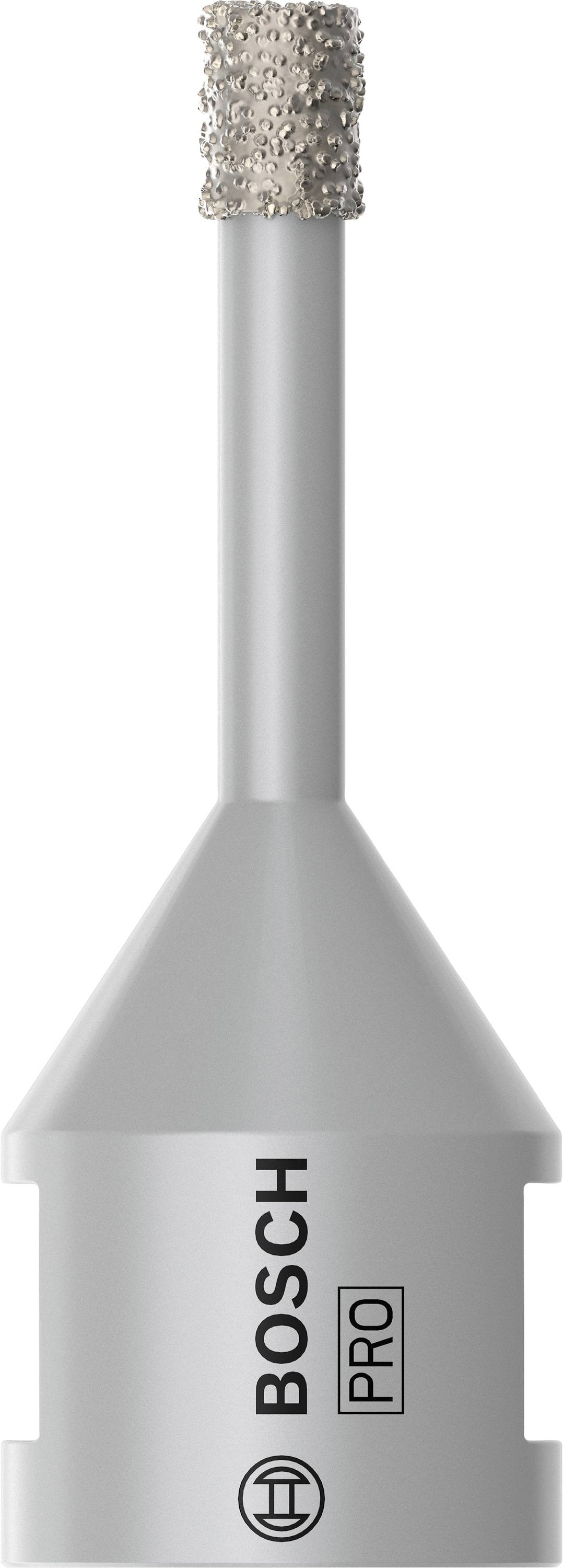 Un foret Bosch gris avec pointe revêtue de diamant, adapté pour les perçages de carrelage. Le logo 'BOSCH PRO' est visible sur la tige.