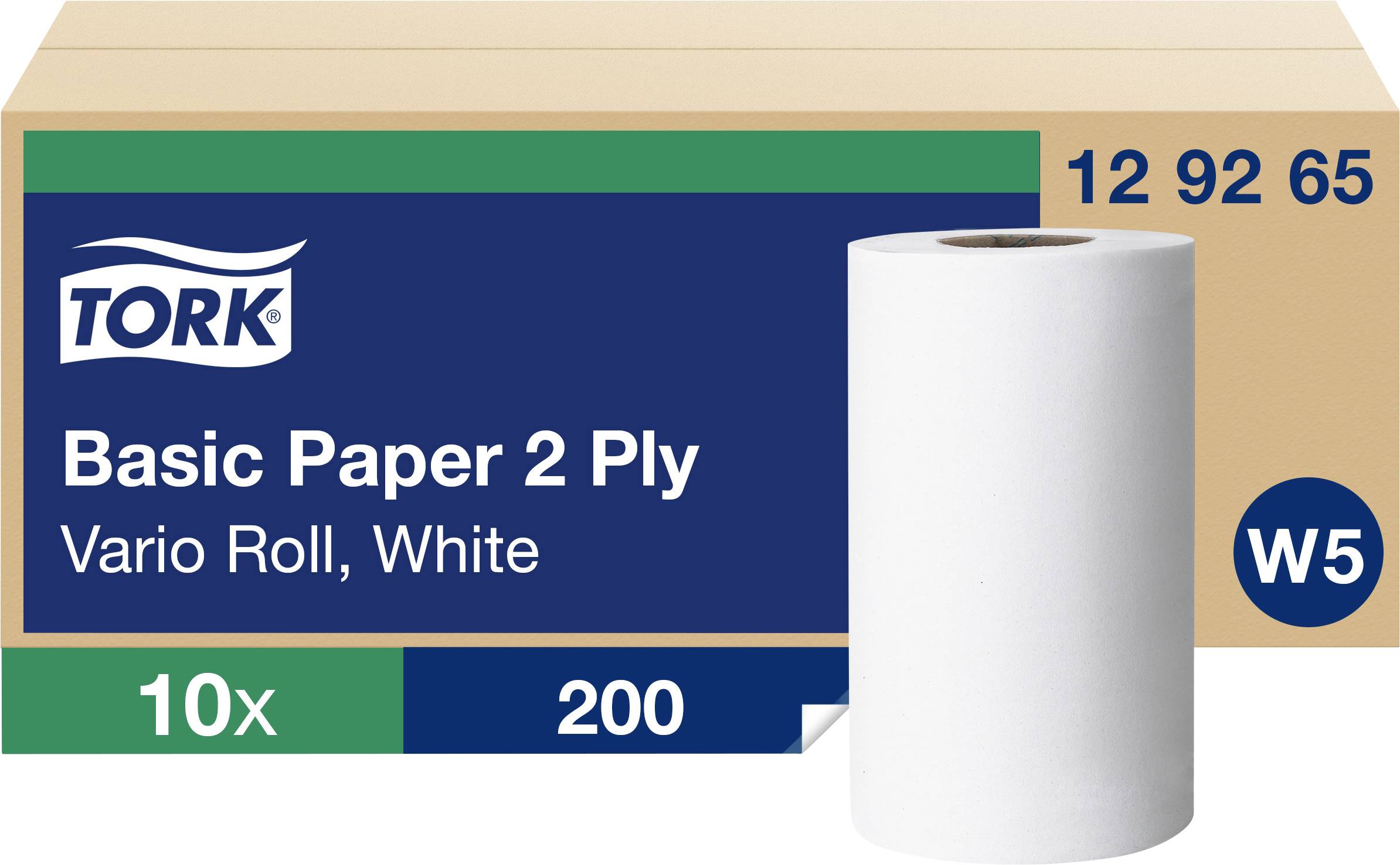Un paquet de rouleaux de papier Tork Basic Paper Vario Roll, blanc, 2 plis. Contient 10 rouleaux de 200 feuilles chacun, numéro de produit 12 92 65, W5.