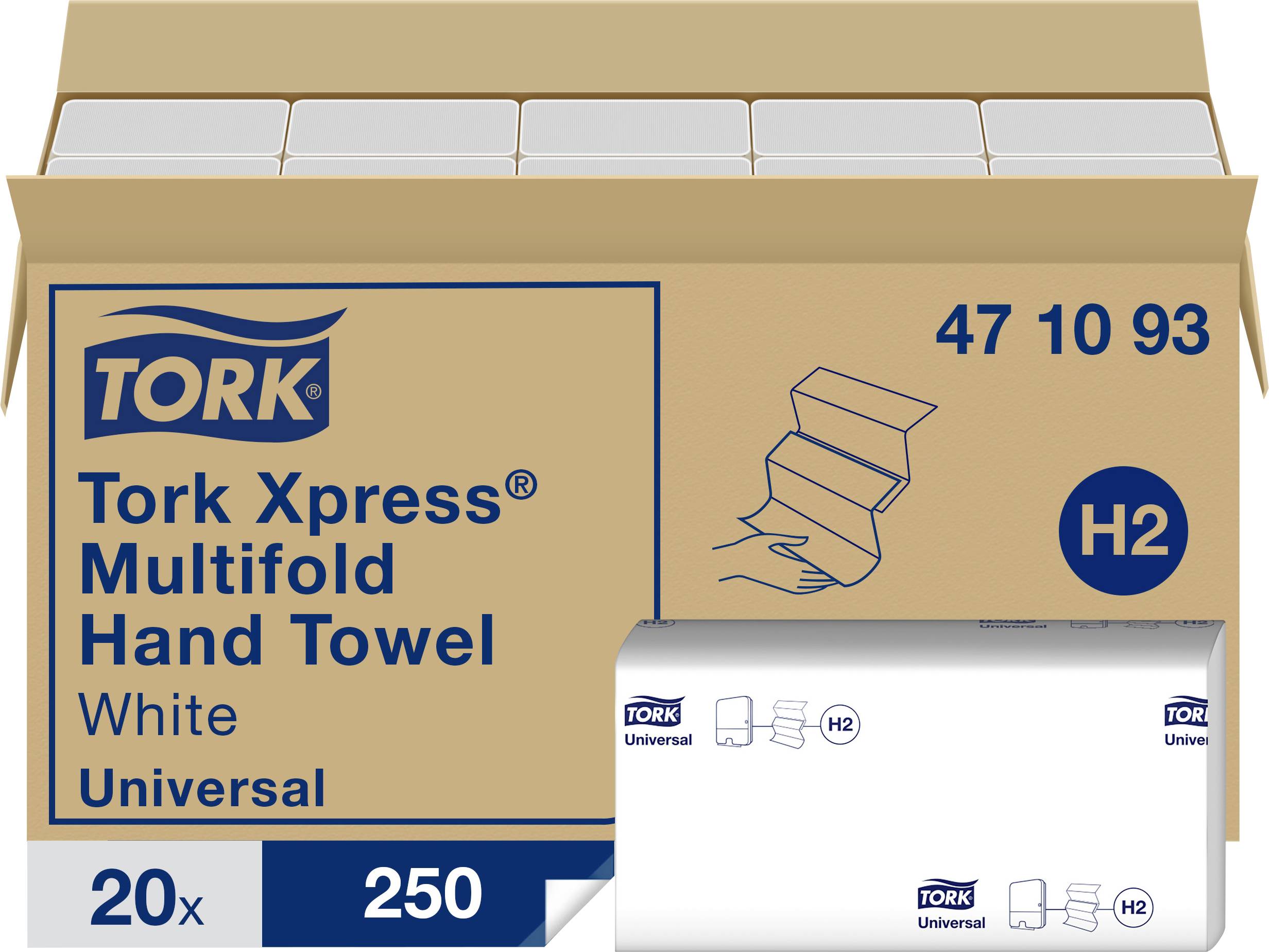Boîte d'essuie-mains pliés Tork Xpress, serviettes universelles blanches H2, 20 packs de 250 feuilles, présentée ouverte avec piles de serviettes pliées visibles.