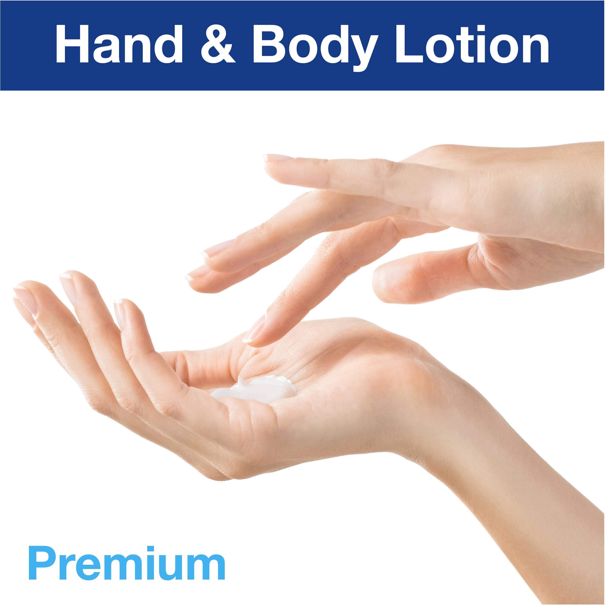Deux mains, l'une appliquant de la lotion sur l'autre. Texte en haut : 'Lotion Main & Corps', en bas : 'Premium'.