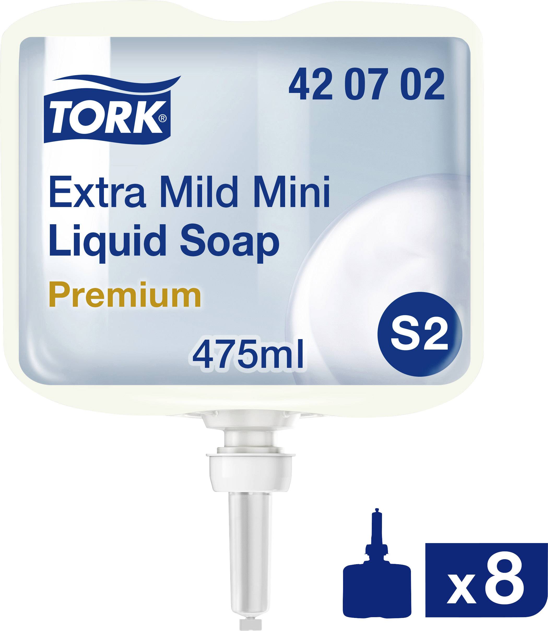 Recharge de savon liquide 'Tork Extra Mild Mini Liquid Soap Premium'. Contenu : 475 ml. Conditionnement : 8 pièces.