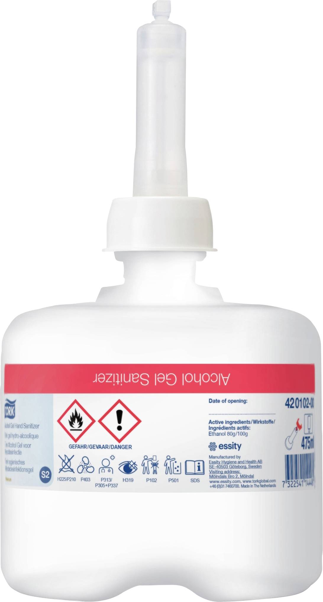 Un récipient blanc avec distributeur, étiqueté 'Gel Hydroalcoolique'. Pictogrammes de protection sanitaire et consignes de sécurité.