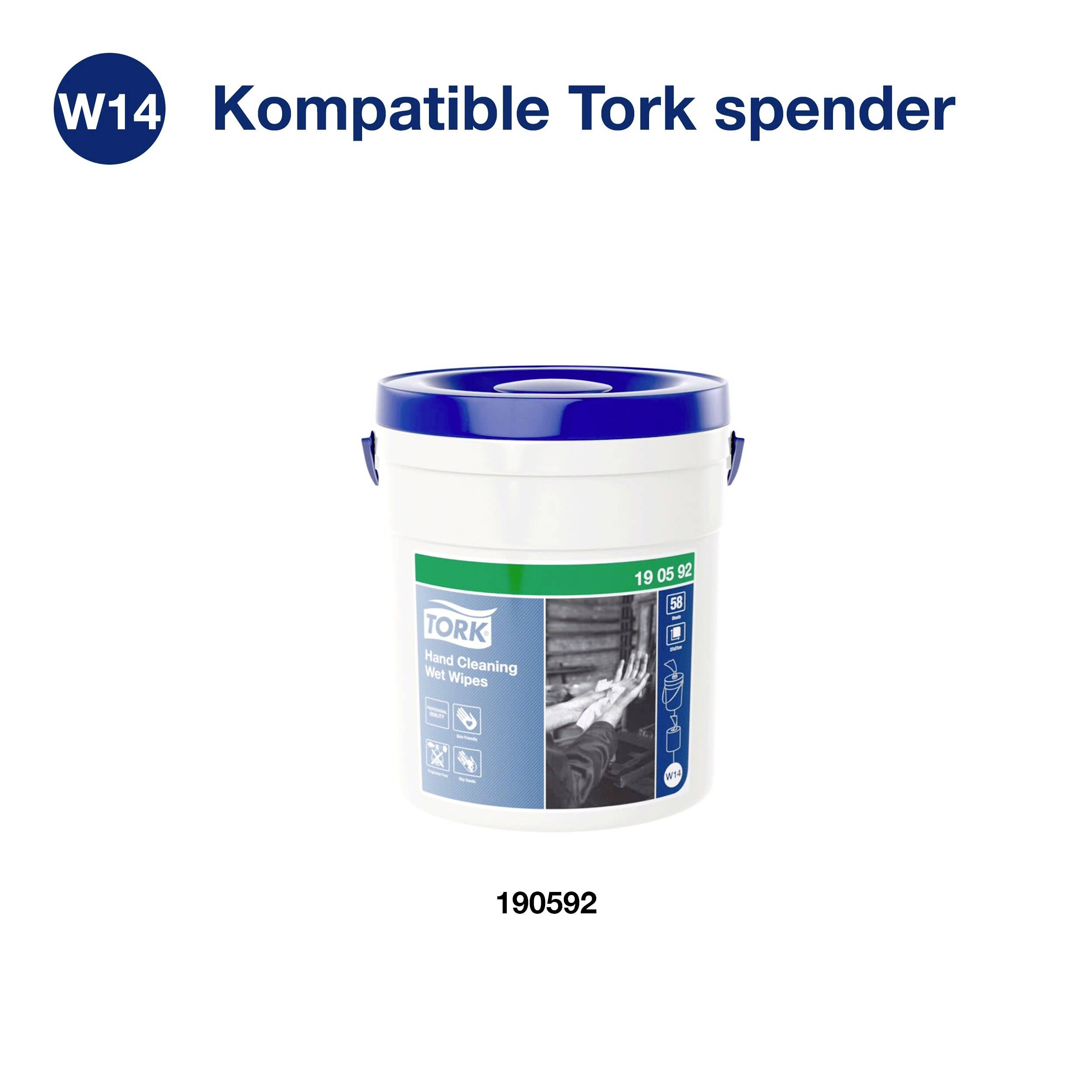 Un seau de lingettes, étiqueté 'Tork Hand Cleaning Wet Wipes, 190592'. En haut, il est inscrit 'Compatible distributeur Tork W14'.