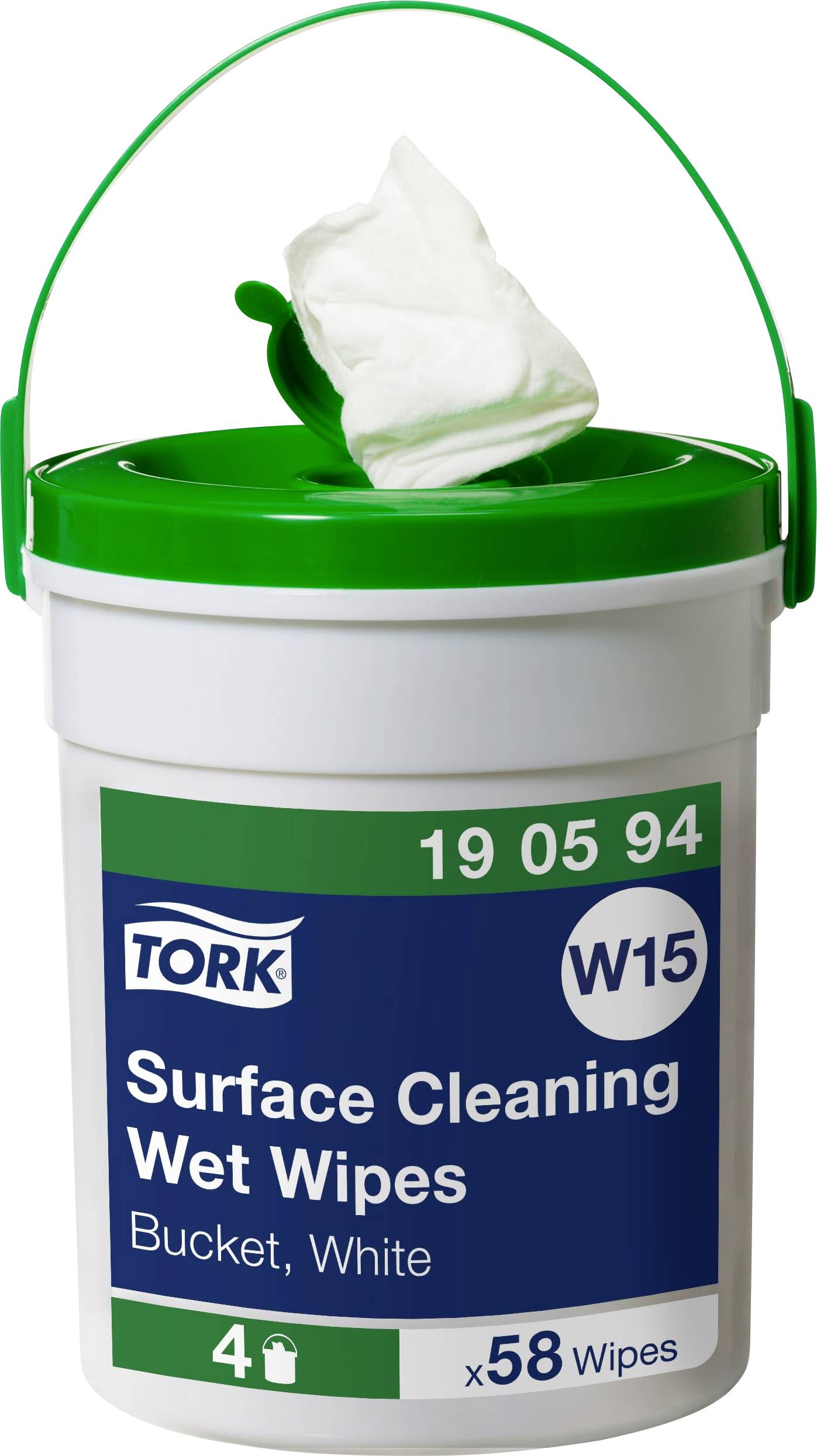 Un seau de lingettes de nettoyage de surface Tork, blanc. Contient 58 lingettes. Code produit : 19 05 94, W15.