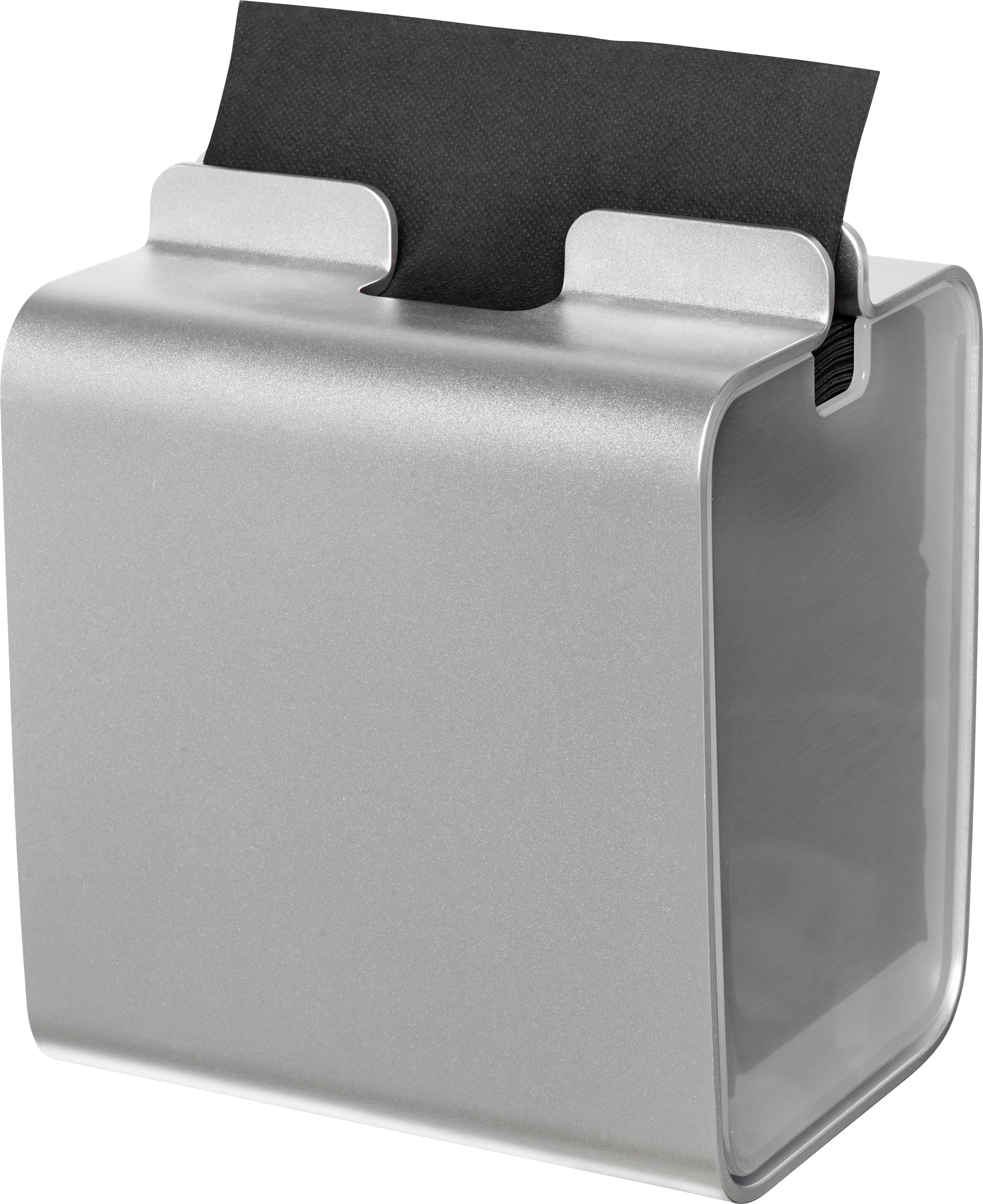 Un porte-serviette argenté avec des serviettes noires dépassant par le haut.