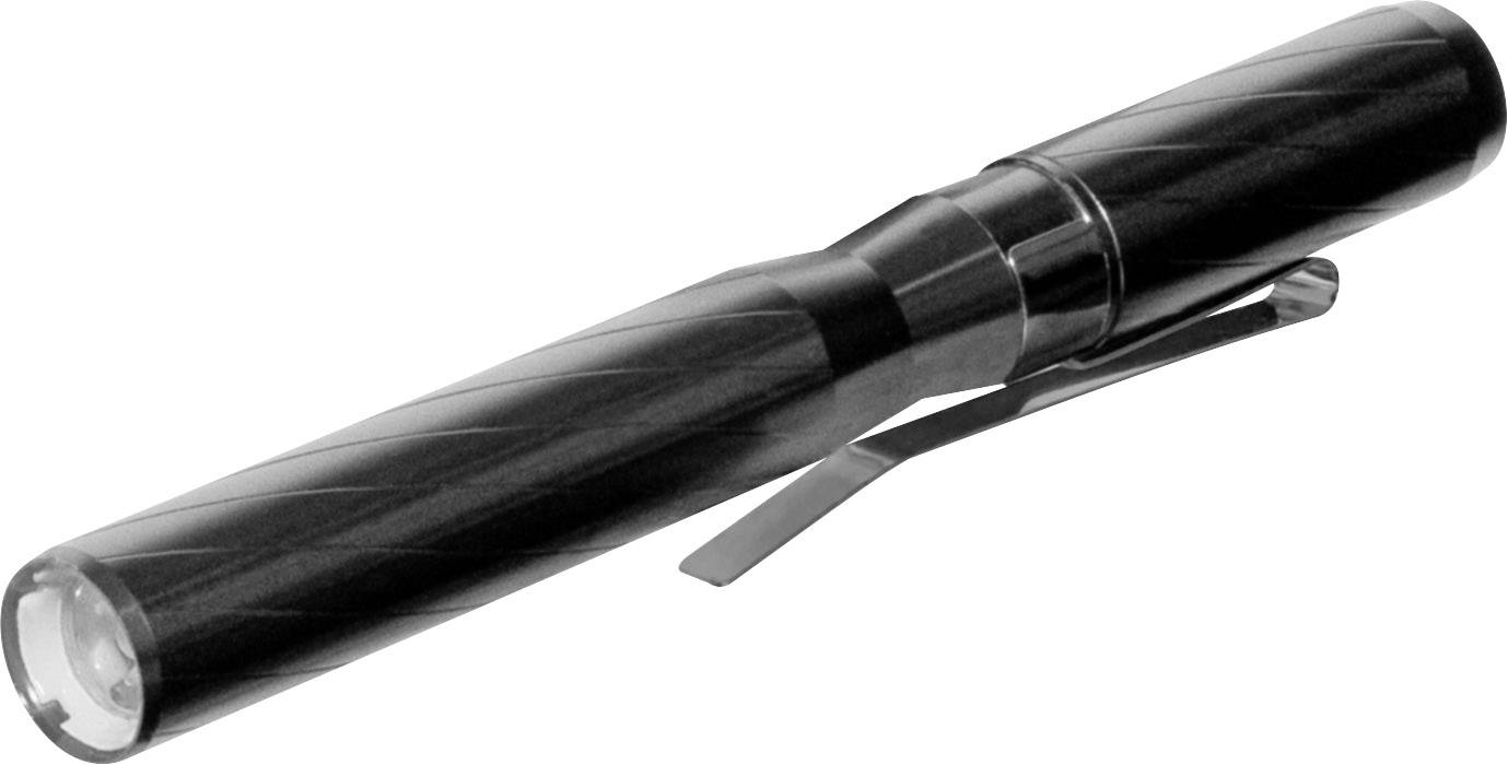 Une lampe de poche noire avec clip, semblable à un stylo. Elle est fine et compacte, idéale pour une utilisation mobile.