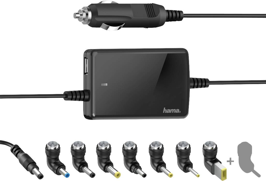 L'image montre un chargeur automobile de Hama doté de plusieurs connecteurs interchangeables permettant de s'adapter à différents appareils.