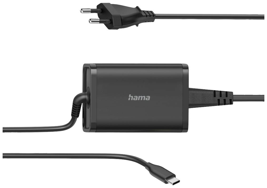 Chargeur noir Hama avec connecteur de type C et fiche européenne, adapté pour la charge de ordinateur portable ou de smartphone.