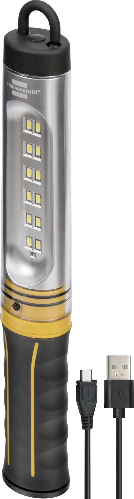 Un projecteur de travail LED portatif avec une poignée en crochet et un câble de recharge, présenté verticalement avec une fiche USB et un connecteur à côté.