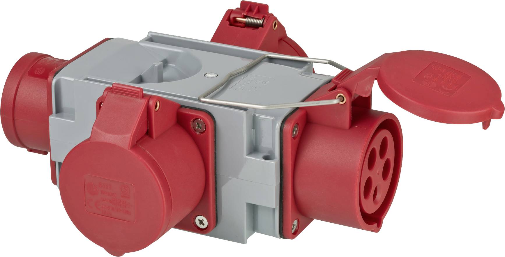 Boîtier de prise électrique portable avec plusieurs prises industrielles rouges et couvercles de protection sur un boîtier gris