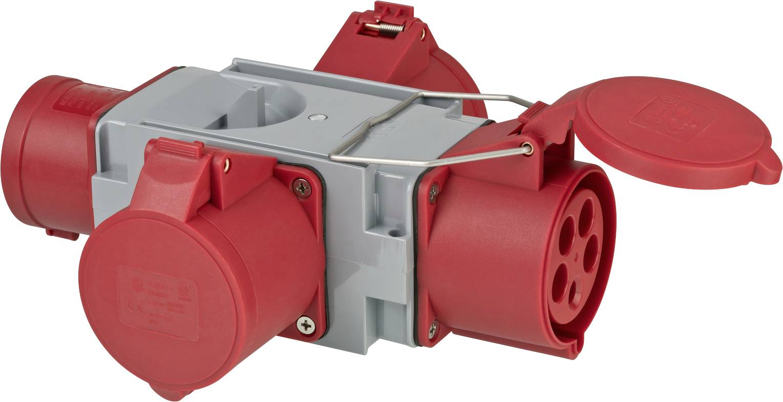 Connecteur électrique industriel rouge avec plusieurs ports couverts et une poignée sur le dessus, présenté isolé sur fond blanc.
