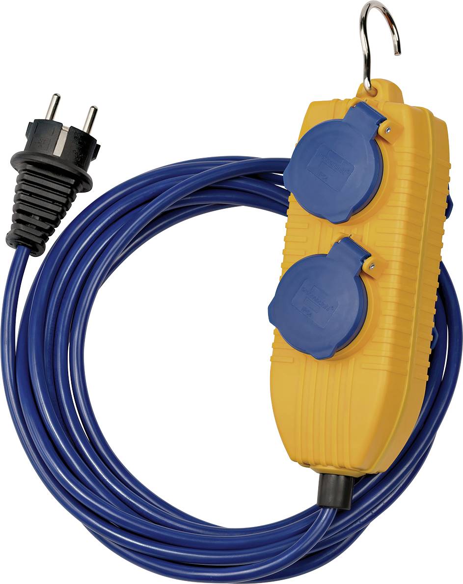 Enrouleur de câble d'alimentation extérieur jaune avec deux prises bleues recouvertes et une fiche noire, câble bleu enroulé, crochet de suspension sur le dessus.