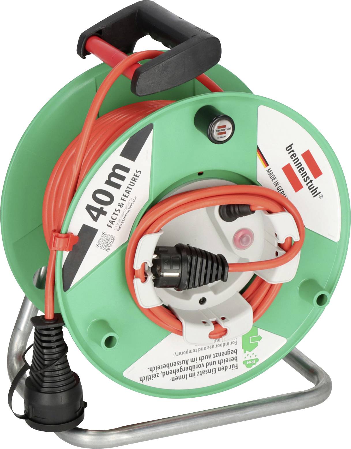 Bobine de câble verte avec cordon d'extension orange de 40 m, poignée noire et prise, présentée enroulée sur un support métallique.