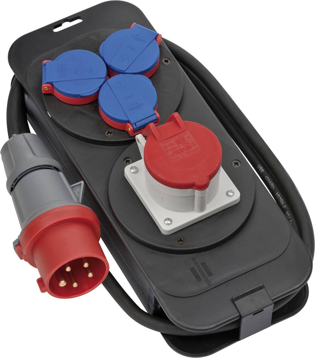 Boîte de distribution électrique portable avec des prises industrielles rouges et bleues et une fiche de câble robuste.