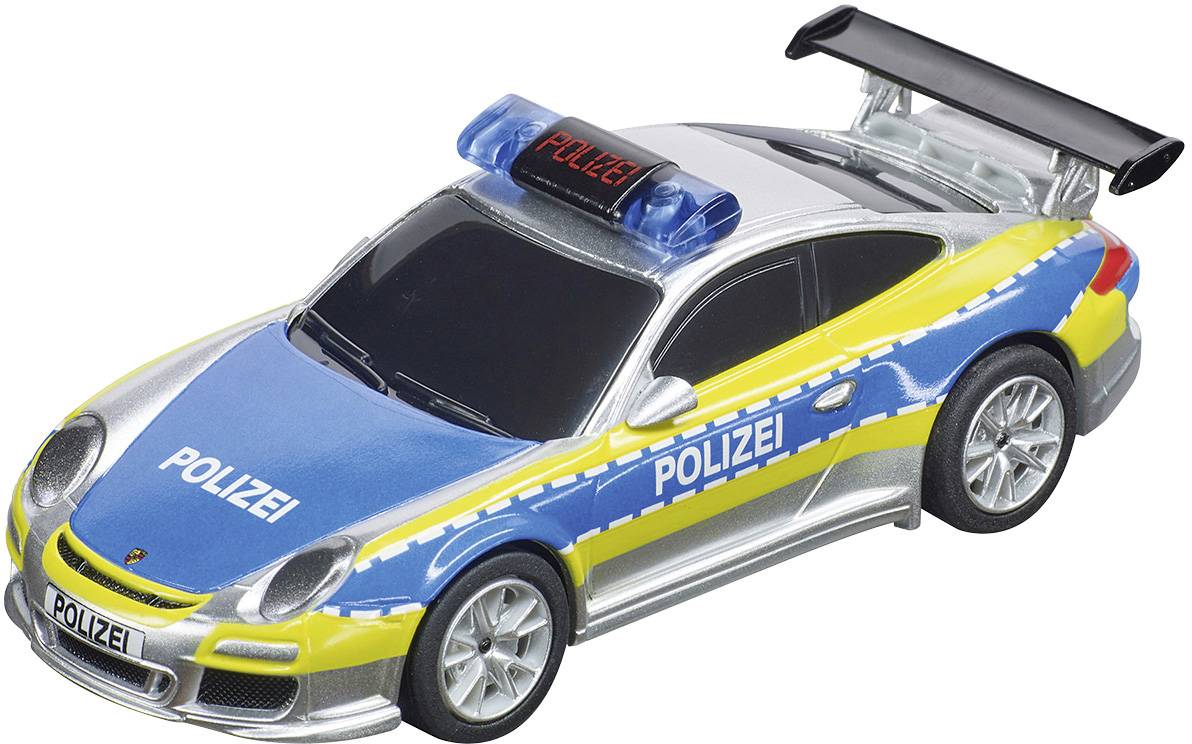Modèle réduit d'une voiture de police allemande, peinture bleu et jaune, avec inscription police et gyrophare sur le toit.