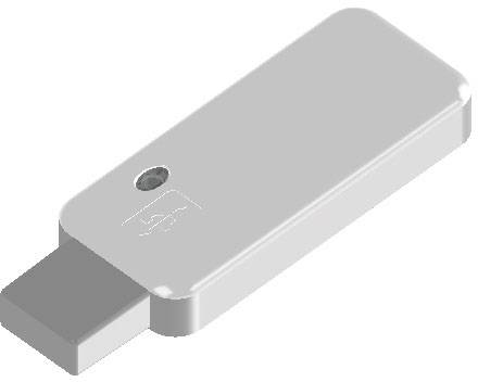 Une clé USB grise avec un symbole USB imprimé dessus ; rectangulaire, avec des bords légèrement arrondis, compacte et portable.