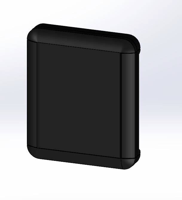 Un objet noir carré aux coins arrondis, probablement un appareil technique ou un boîtier, sur un fond clair.