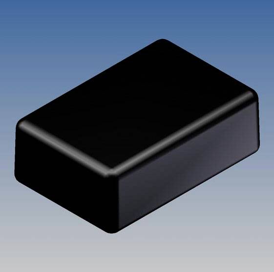 Un objet noir et rectangulaire sur un fond dégradé bleu. L'objet a une surface lisse et des coins arrondis.