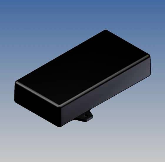 Un micro de guitare noir sur un fond bleu, rectangulaire et plat, avec une surface lisse.