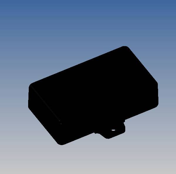 Un appareil rectangulaire noir sur un fond bleu. Il présente des coins arrondis et une petite boucle sur le côté inférieur droit.