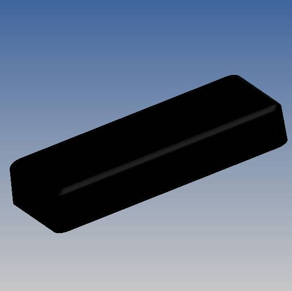 Un objet 3D noir et rectangulaire devant un fond dégradé bleu et blanc.