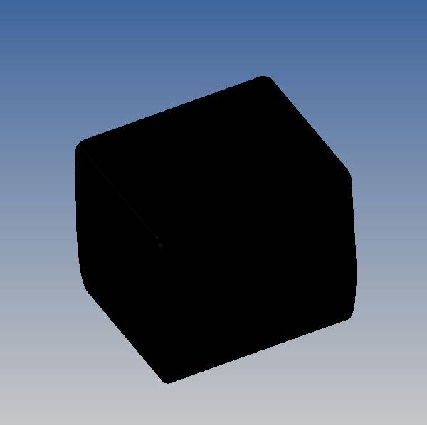 Un cube peint en noir devant un dégradé allant du bleu au gris, dans un style de rendu numérique.