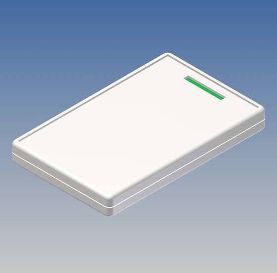 Un lecteur de carte RFID rectangulaire, plat et blanc avec une bande lumineuse verte, représenté sur un fond bleu.
