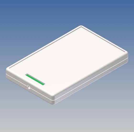 Objet rectangulaire, plat et blanc avec une bande verte sur un fond bleu.