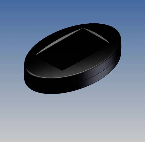 Objet noir et ovale sur un fond bleu, possiblement un couvercle ou un boîtier, sans étiquette ou motif discernable.