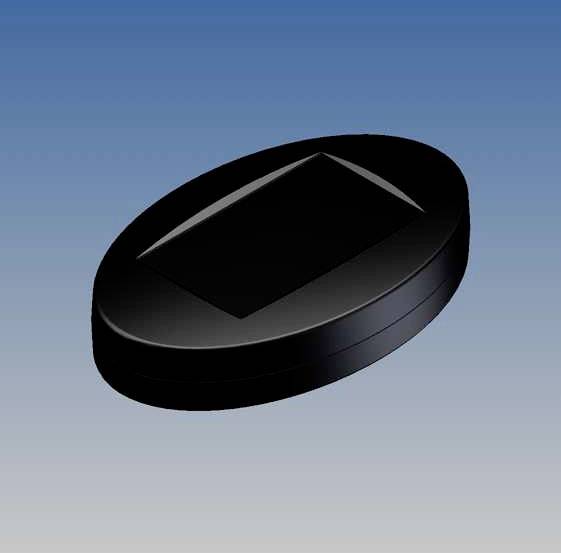 Objet 3D ovale noir avec un creux rectangulaire sur un fond dégradé bleu.