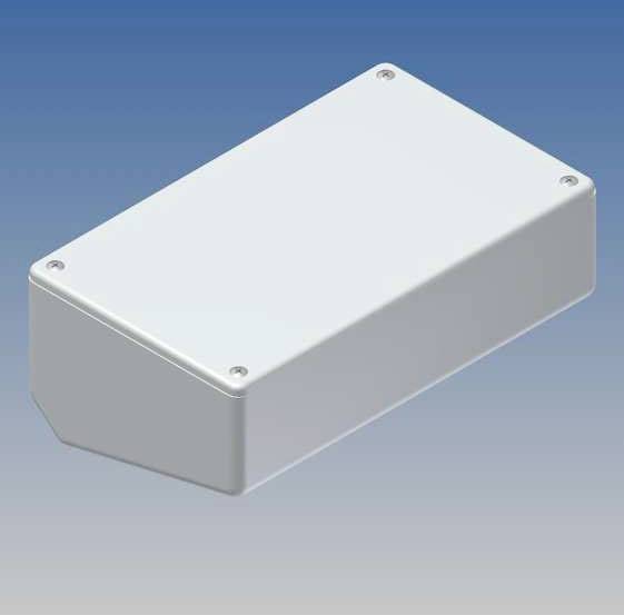 Un boîtier rectangulaire gris avec des vis aux coins, sur un fond bleu. Adapté pour l'encapsulation électronique.