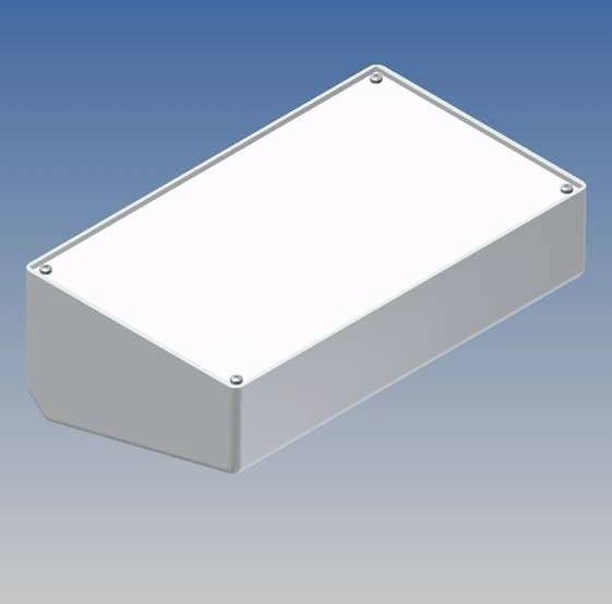 Boîtier rectangulaire blanc en métal ou en plastique, avec des coins arrondis et des trous de vis dans les angles, sur un fond bleu.