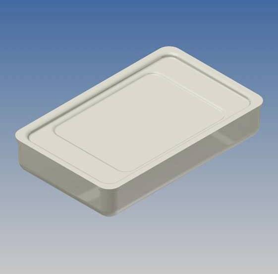 Récipient rectangulaire blanc en plastique avec couvercle sur un fond bleu. Le récipient pourrait être utilisé pour des emballages alimentaires.