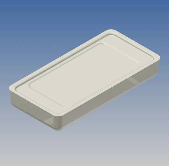 Un couvercle de récipient rectangulaire et plat sur un fond bleu, conçu pour sceller et protéger son contenu.