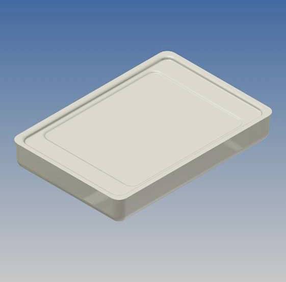 Boîte en plastique blanc rectangulaire avec couvercle sur fond bleu. Idéale pour le rangement ou l'emballage d'objets plats.