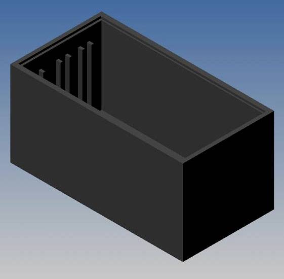 Un modèle 3D noir rectangulaire d'un aquarium de grande taille en cours de construction. À l'intérieur se trouvent des cloisons verticales. Fond bleu.