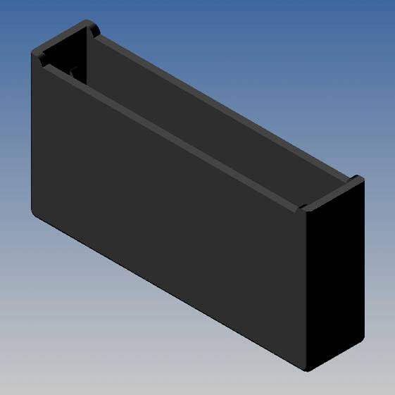 Objet 3D rectangulaire noir sur un fond bleu. Ressemble à un récipient long et étroit sans couvercle.