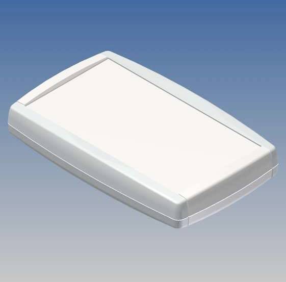 Appareil électronique plat, gris, de forme rectangulaire sur un fond bleu.