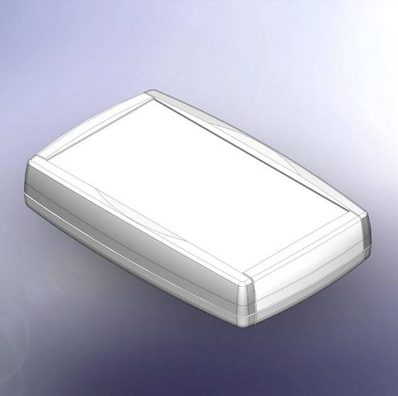 Boîtier électronique rectangulaire aux angles arrondis sur un fond bleu-violet.