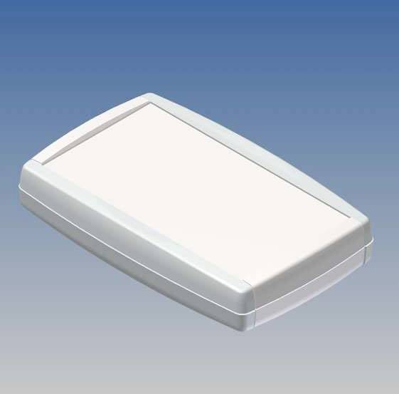 Un boîtier en plastique rectangulaire et plat avec des coins arrondis sur un fond bleu.