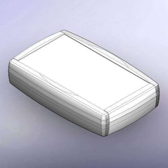 Un boîtier rectangulaire dessiné en 3D avec des bords arrondis sur un fond gris.