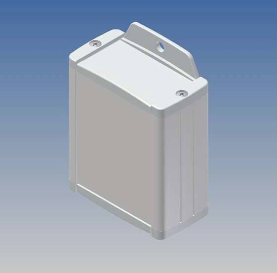 Boîtier rectangulaire gris aux coins arrondis sur fond bleu.