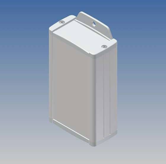 Boîtier gris rectangulaire avec un couvercle biseauté et un trou sur la languette supérieure, sur un fond bleu.