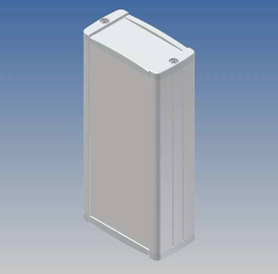 Un boîtier rectangulaire blanc aux bords arrondis est dressé devant un arrière-plan dégradé de bleu.