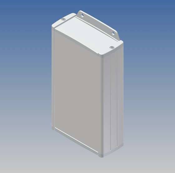 Boîtier métallique de forme rectangulaire, quatre trous de fixation aux angles. Arrière-plan avec dégradé de bleu.