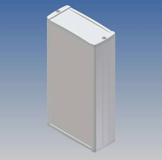 Boîtier rectangulaire argenté aux coins arrondis, sur fond bleu.