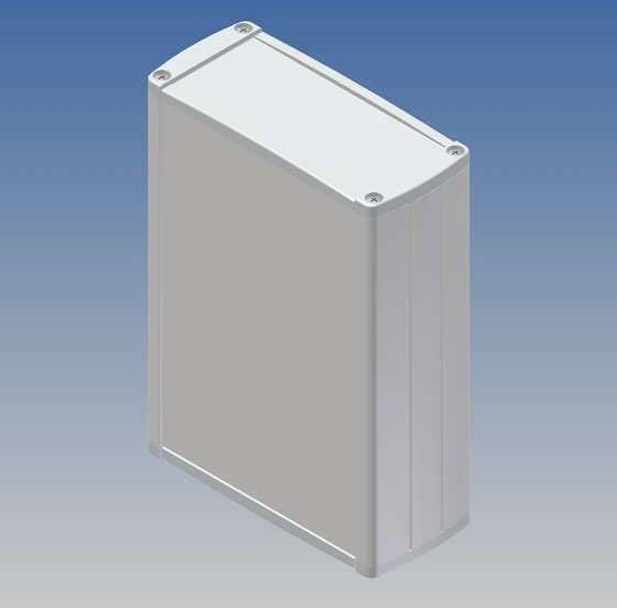 Boîtier métallique aux coins arrondis et à surface lisse, sur fond bleu. Adapté aux appareils électroniques ou aux applications industrielles.