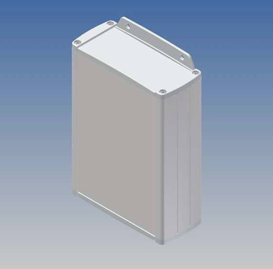 Un boîtier métallique rectangulaire aux bords biseautés sur un fond bleu. Il comporte des trous de fixation dans les coins supérieurs.