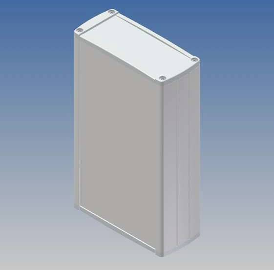 Boîtier rectangulaire en métal argenté aux angles arrondis sur fond bleu.